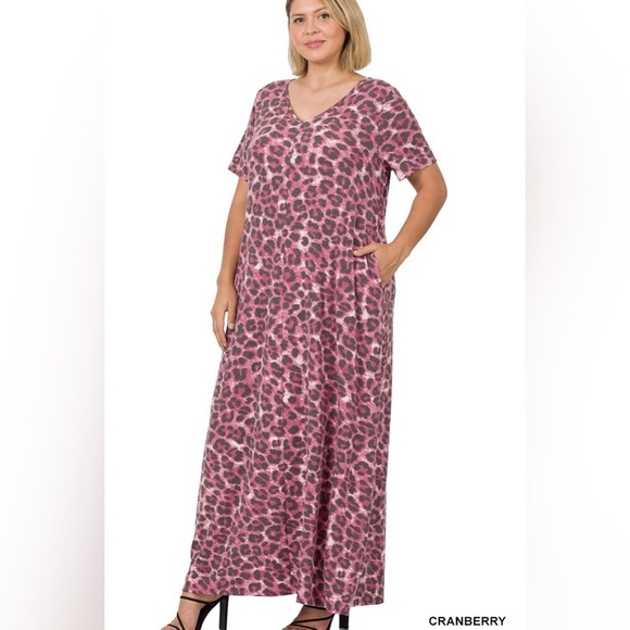 New! Plus Size Pink Leopard Print V Neck Short Sleeve Maxi Dress Size 1X 2X 3X - Picture 1 of 5